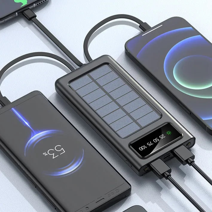 Multiple devices connected to a charging hub with text about charging capabilities.