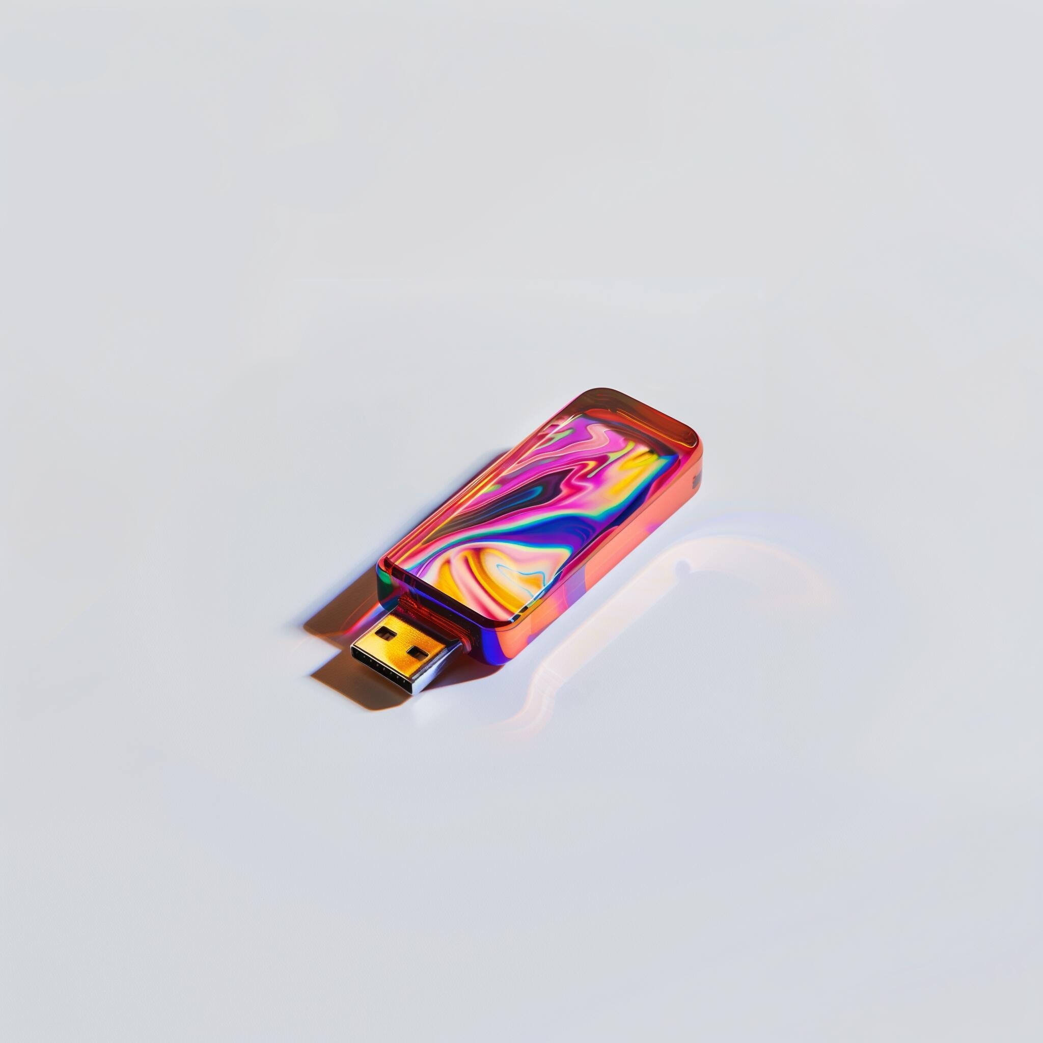 Clé USB avec un design coloré aux motifs tourbillonnants roses, violets et dorés sur fond blanc minimaliste